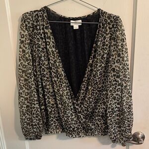Velvet by Graham & Spencer Leopard Print V- Neck Blouse with Metallic Threads
